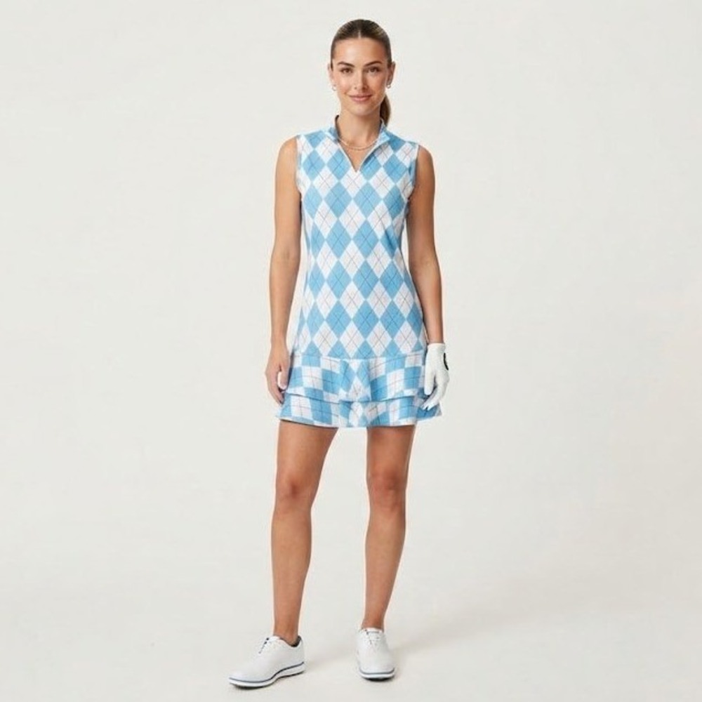 Gradual Golf Dress Women XXL Blue Argyle Sleeveless Ruffle Hem Quarter Zip NEW